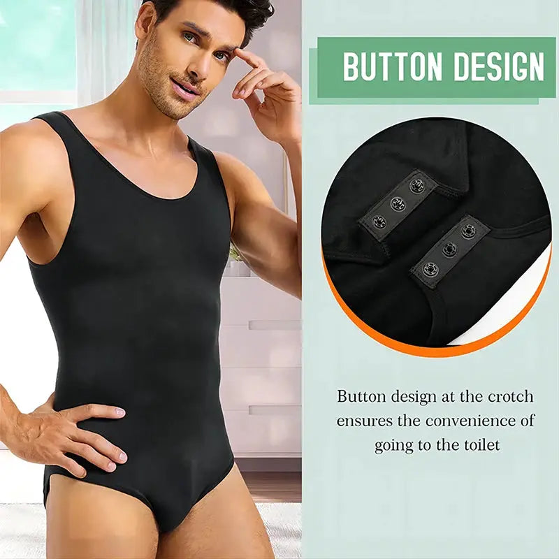 Simples Market men's black sleeveless bodysuit shapewear with tummy control and buttoned crotch for toilet access.