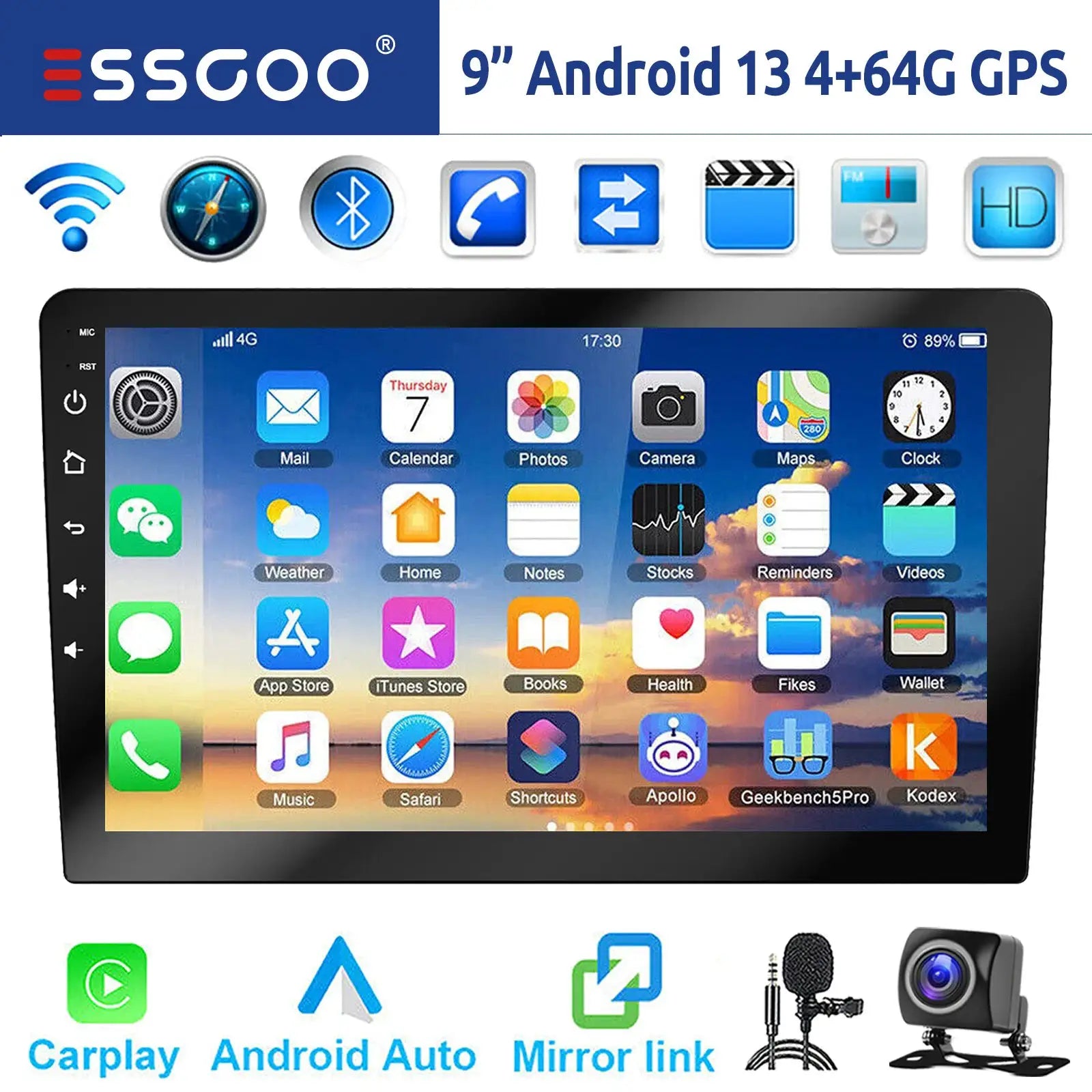 ESSGOO 9-inch Android car stereo head unit, black touchscreen with CarPlay/Android Auto icons