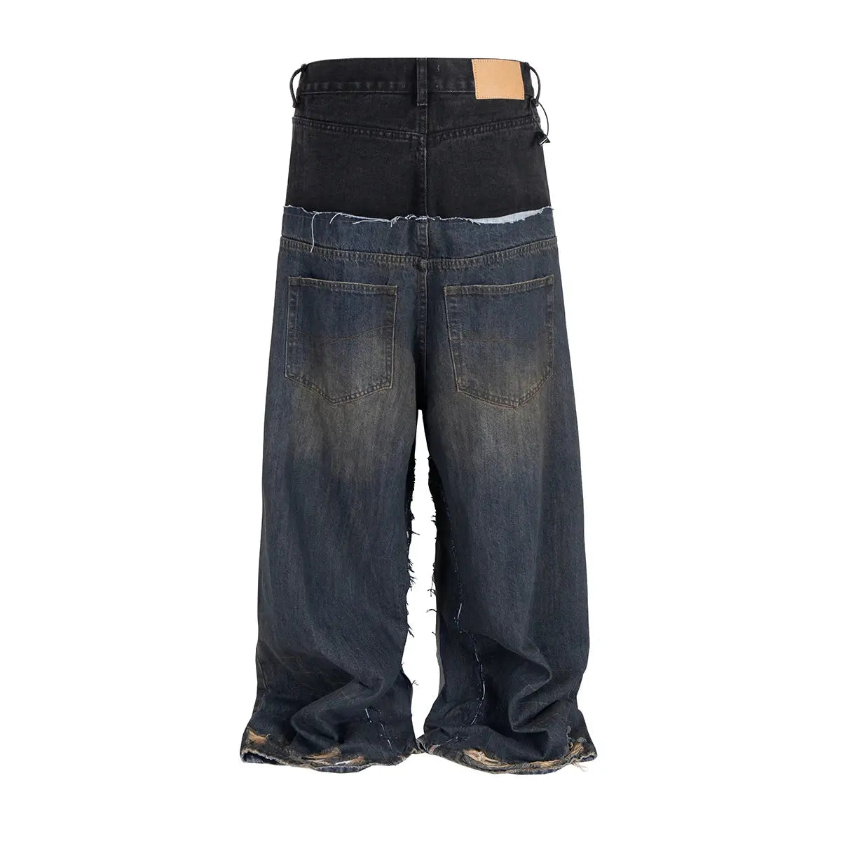 Simples Market baggy denim jeans with double-waist patchwork, dark wash, frayed hems.