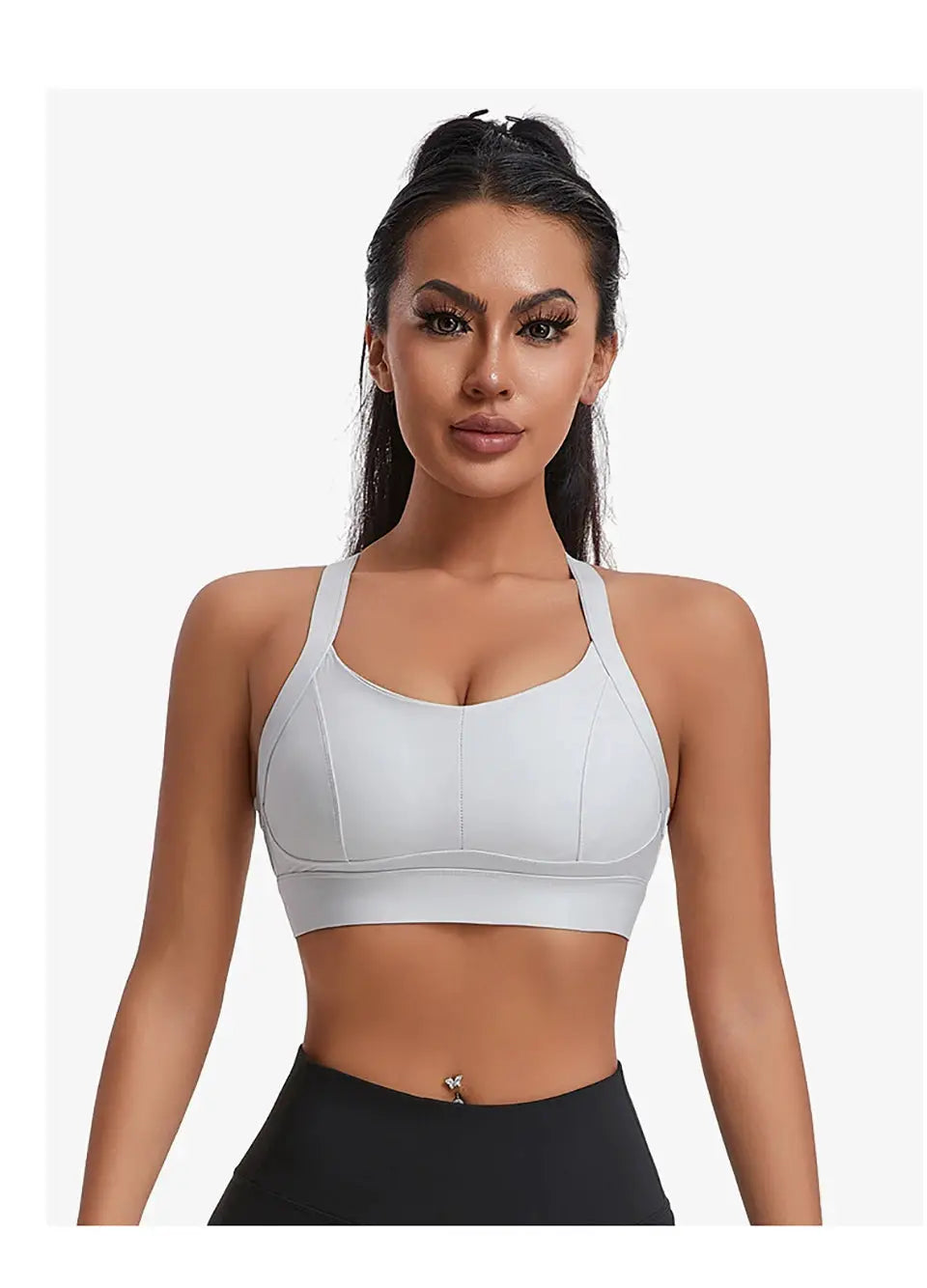 Women's high-impact sports bra with padded cups and criss-cross back, light gray
