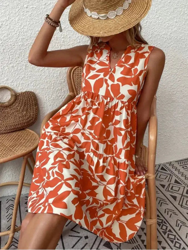 Women Boho Print Mini Dress Sleeveless V Neck Ruffle Beach Sundress
