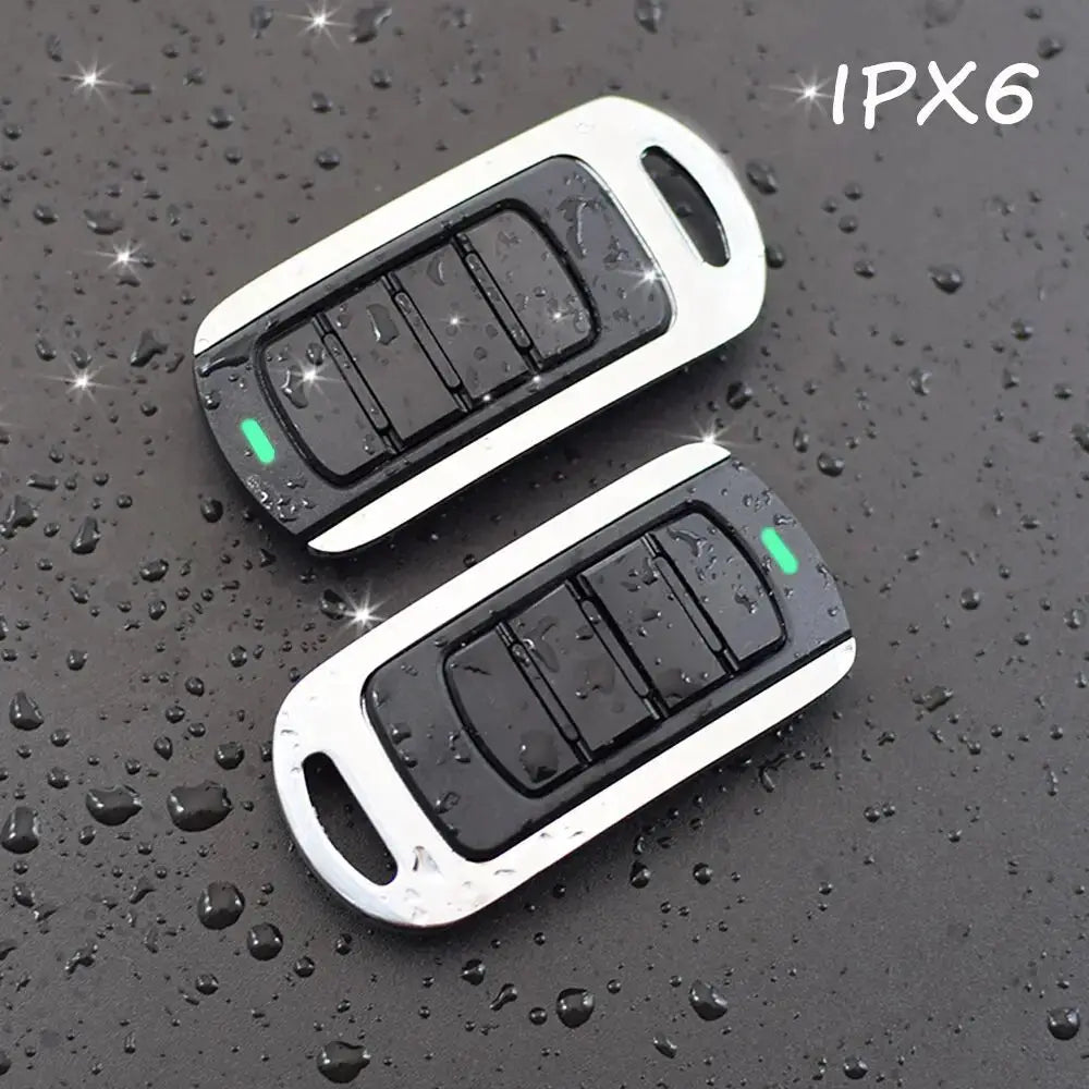4 in 1 garage remote key fob transmitter by Simples Market, black with white frame, two units shown