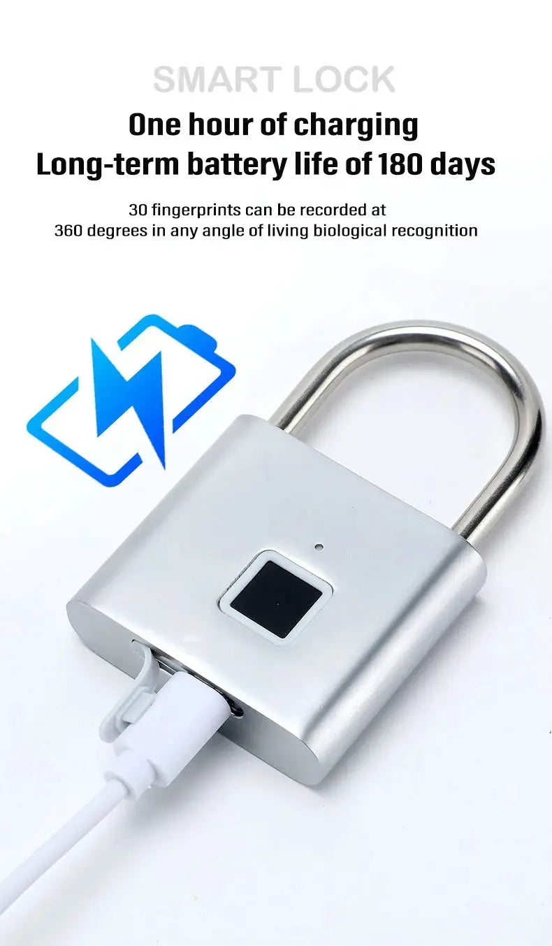 Keyless smart fingerprint padlock by Simples Market, silver USB-charging lock with fingerprint sensor
