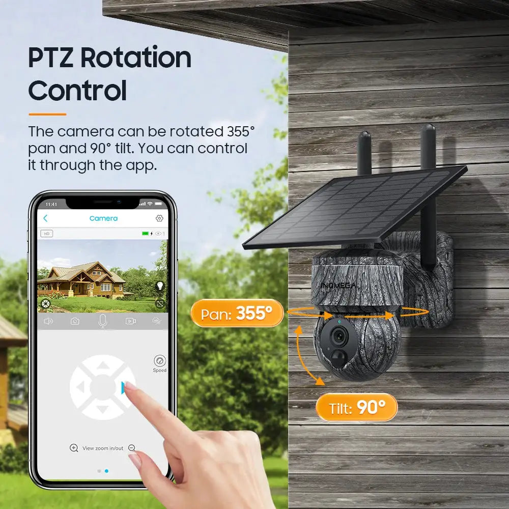 INQMEGA solar PTZ camera with solar panel, 355° pan and 90° tilt, WiFi/4G and two-way audio