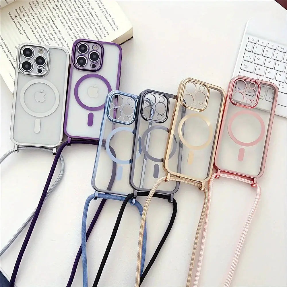 Crossbody lanyard plated iPhone case set; six colorful translucent cases with MagSafe rings