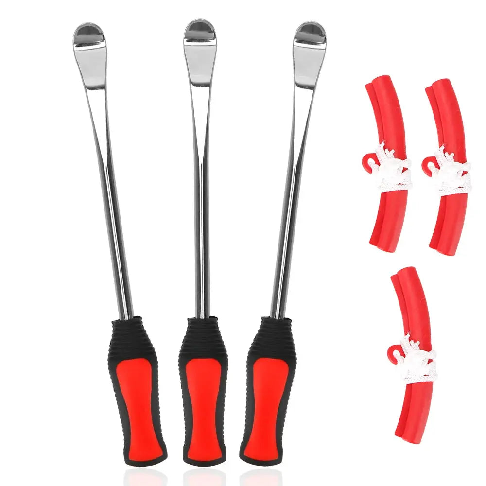Rim protector tire changing lever kit with three chrome steel levers featuring red/black grips and red accessories