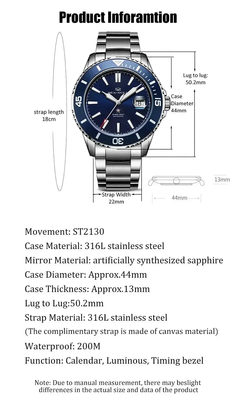 Sea-Gull men's diving watch with blue dial, stainless steel case and bracelet, 200m water resistant, Simples Market