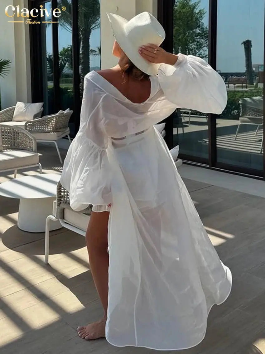 Clacive White 2 Piece Set Women Loose Long Sleeve Robe And Shorts