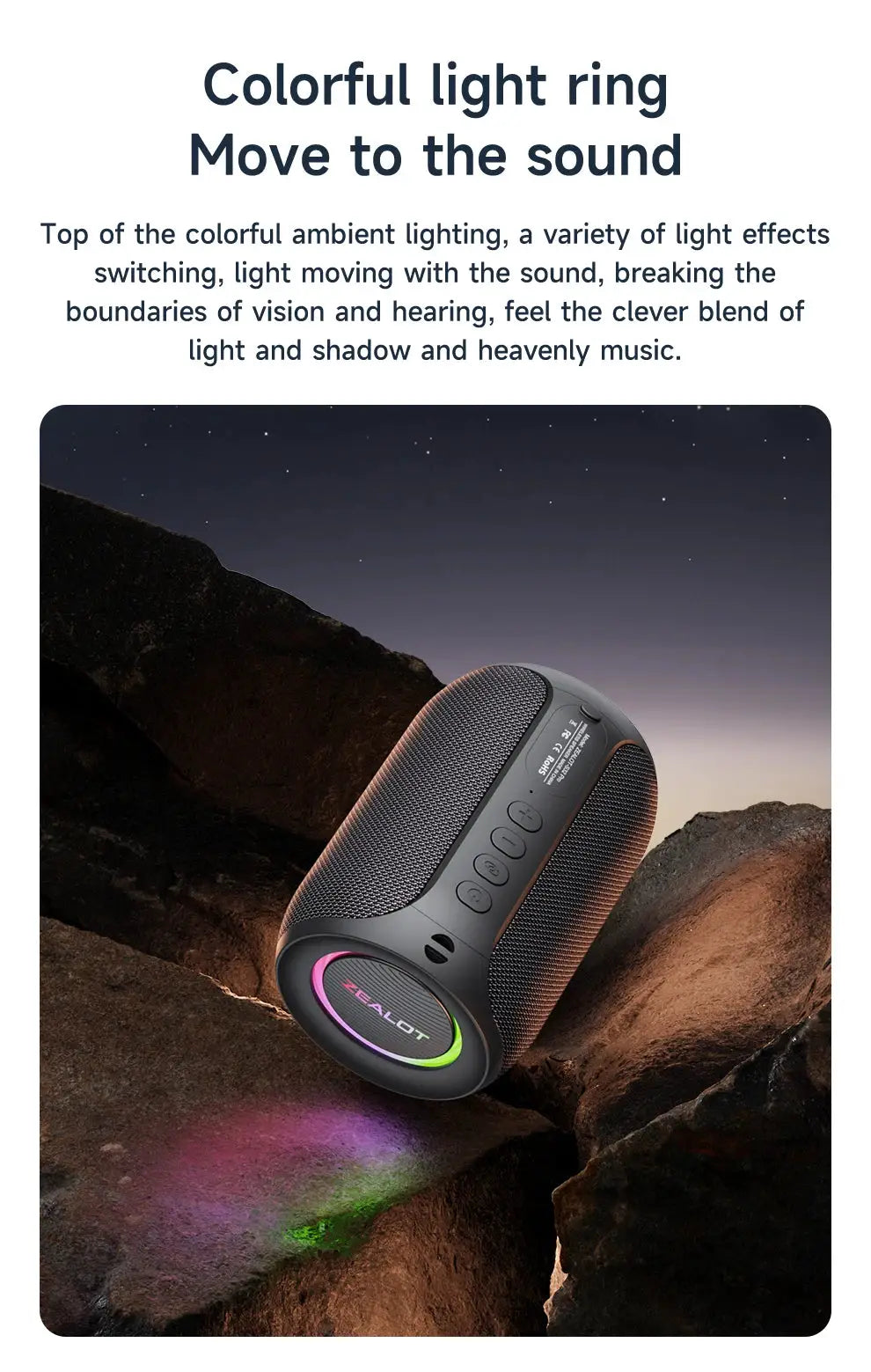 ZEALOT-S32PRO Bluetooth speaker with RGB LED ring, black finish, waterproof for outdoor use