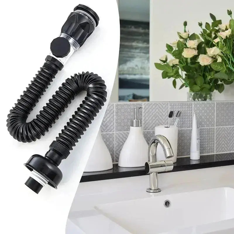 Universal flip stainless steel washbasin drainage pipe with flexible black accordion hose and metal fittings