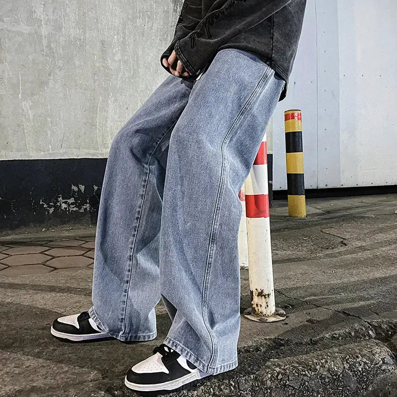 Brand Clothing Streetwear Loose Jeans For Men Korean Style Wide Leg Pants Breathable Cotton Poly Blend