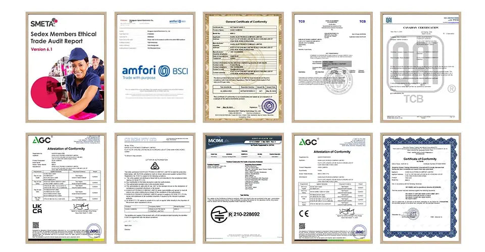 Twelve framed certificates in light wood frames arranged on a wall collage.