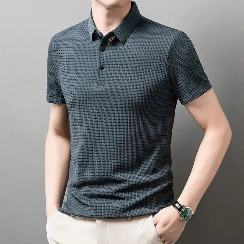 Men's textured polo shirt, dark blue-gray, short sleeves with 3-button placket