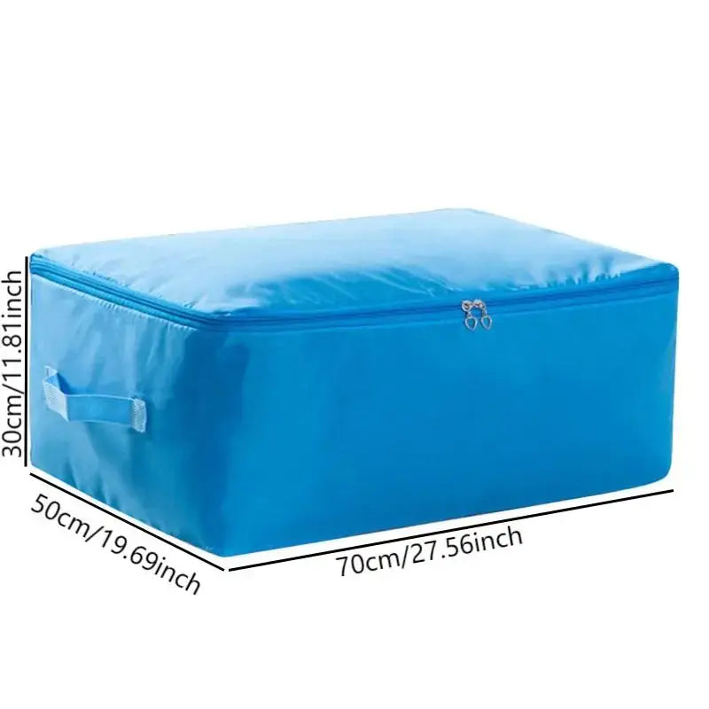 Large blue zipper clothes organizer bag for bedding storage, 70x50x30 cm.