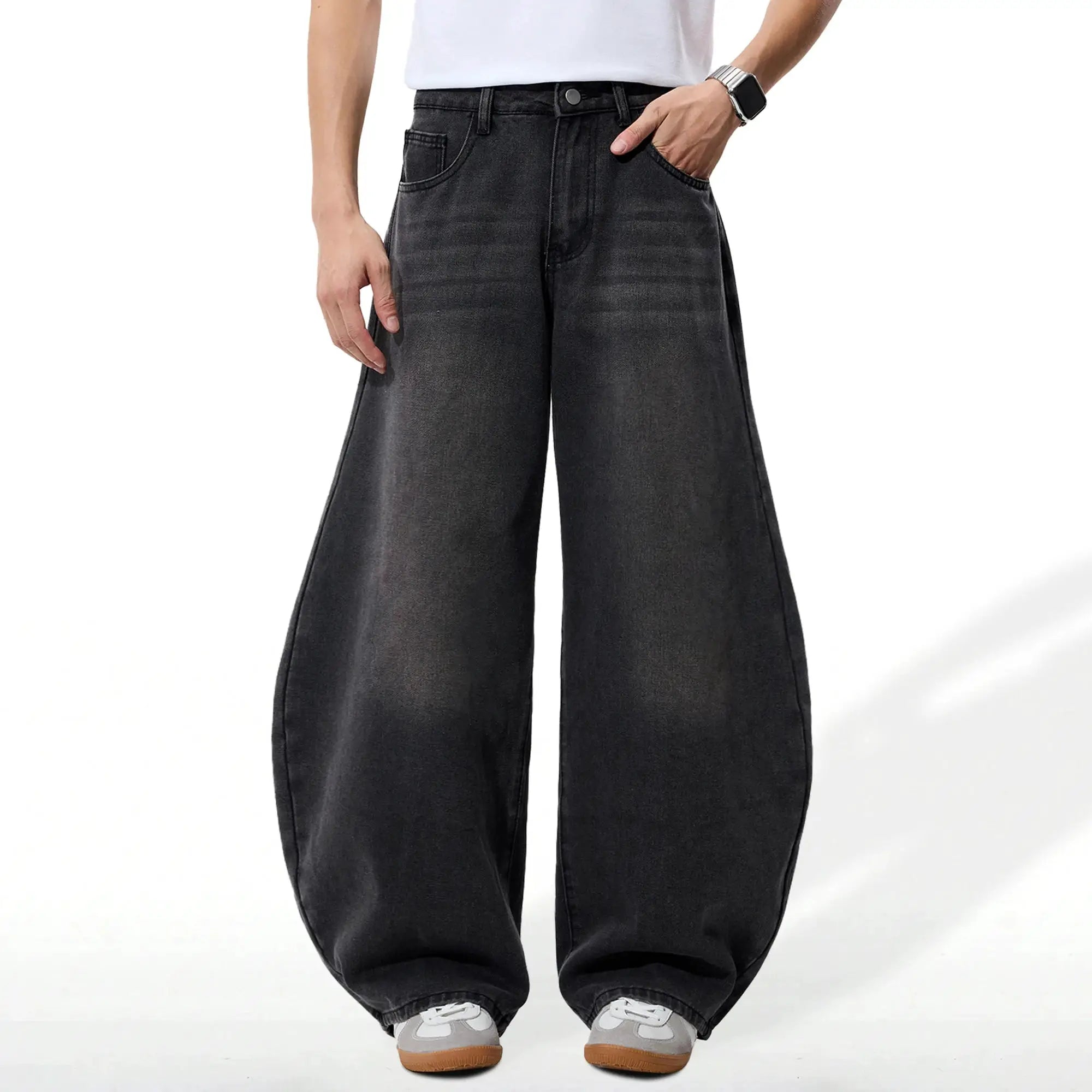 Men's baggy wide-leg denim jeans in black wash with faded detailing