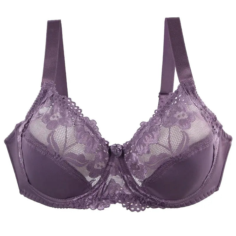 Bra with purple lace cups and floral mesh, adjustable straps, Simples Market collection.