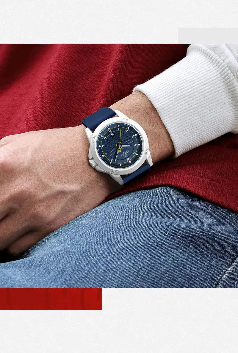 NAVIFORCE casual quartz watch with blue dial, silver-tone case, and blue silicone strap on a man's wrist