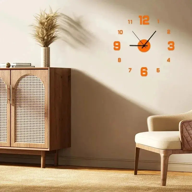 Analog wall clock with orange numerals and central orange disk mounted on a living room wall