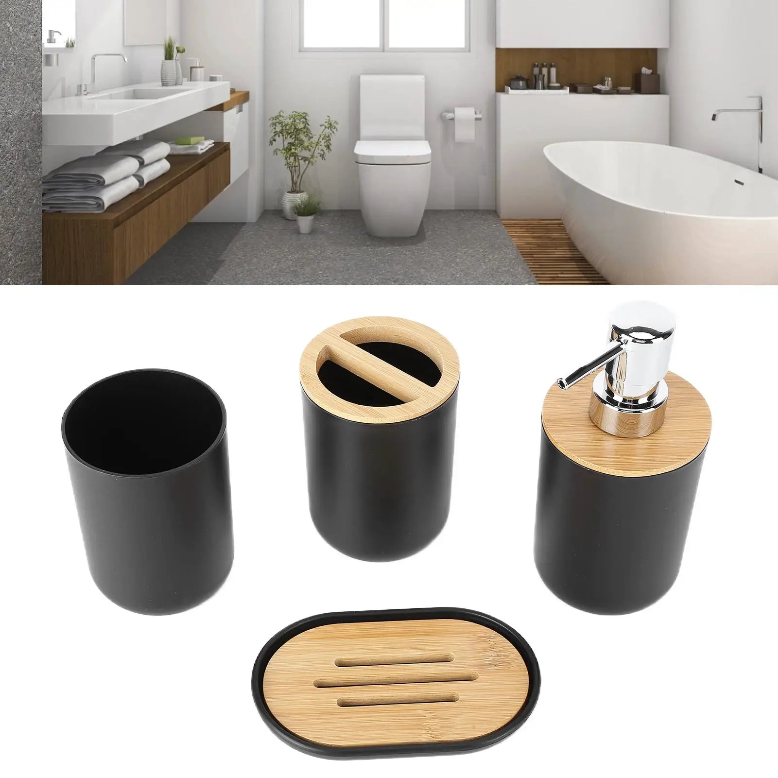 Simples Market 4-piece bamboo bathroom accessories set: dispenser, toothbrush holder, tumbler, soap dish with bamboo lid