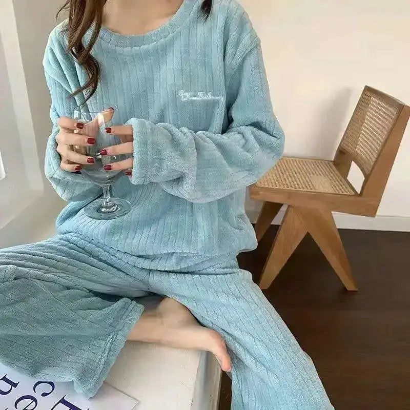 VelvetLuxe Soft Coral Velvet Jacquard Pajama Set With Ultra Warm Fleece Lining For Women Winter Comfort
