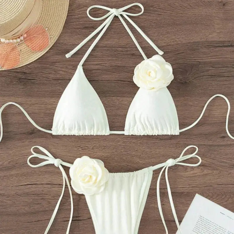 Sexy 3D Flowers Halter Strappy Bikini Women Swimwear Two Piece Swimsuit Set Size S To L For Beach Bathing