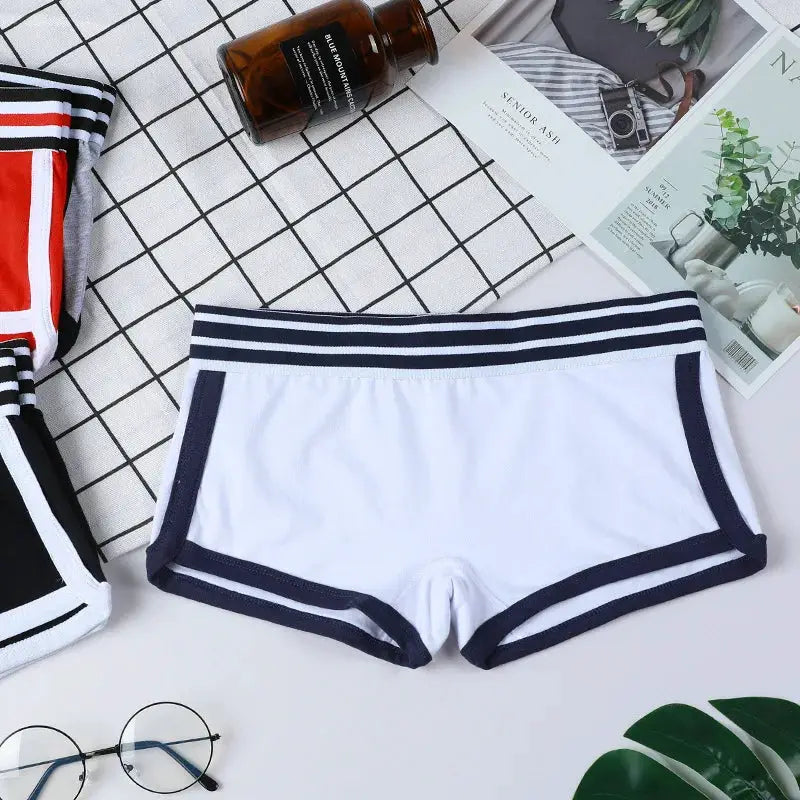 Women's low-waist boxer briefs; white with navy trim and striped waistband (3 pieces shown)