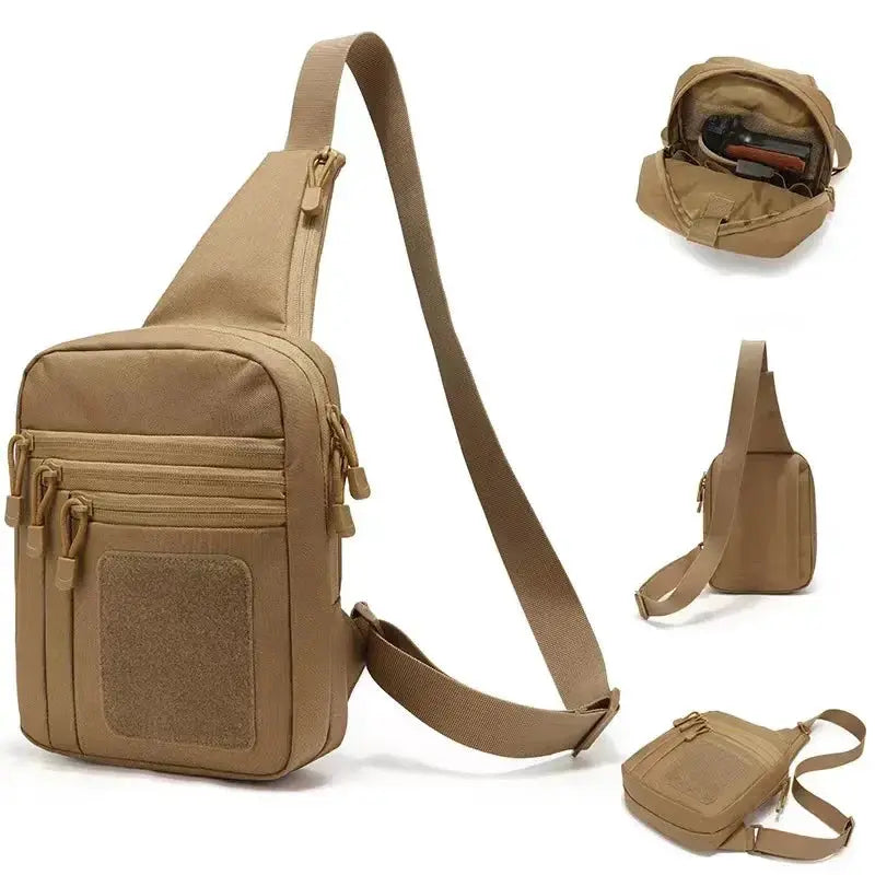 Tan tactical shoulder bag with pistol holster, crossbody strap, and multiple zip pockets.
