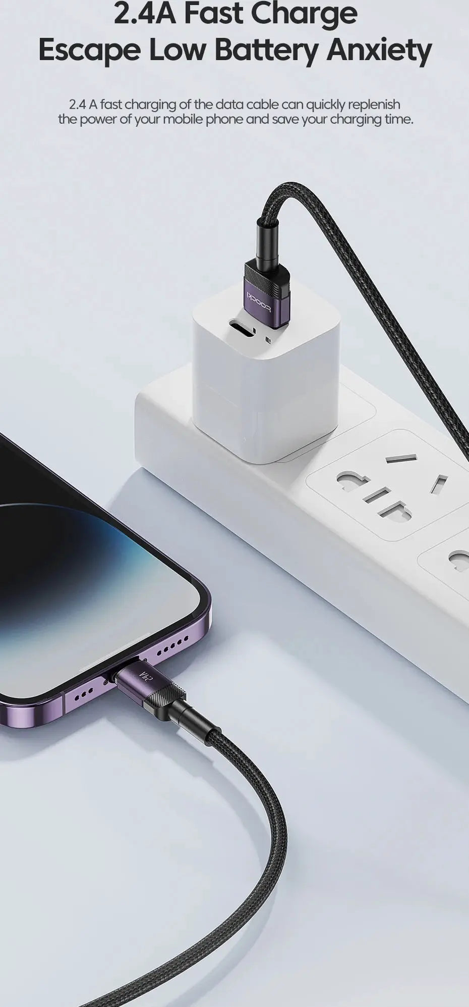 Toocki USB Cable for iPhone, braided black cord with purple aluminum connector for fast charging