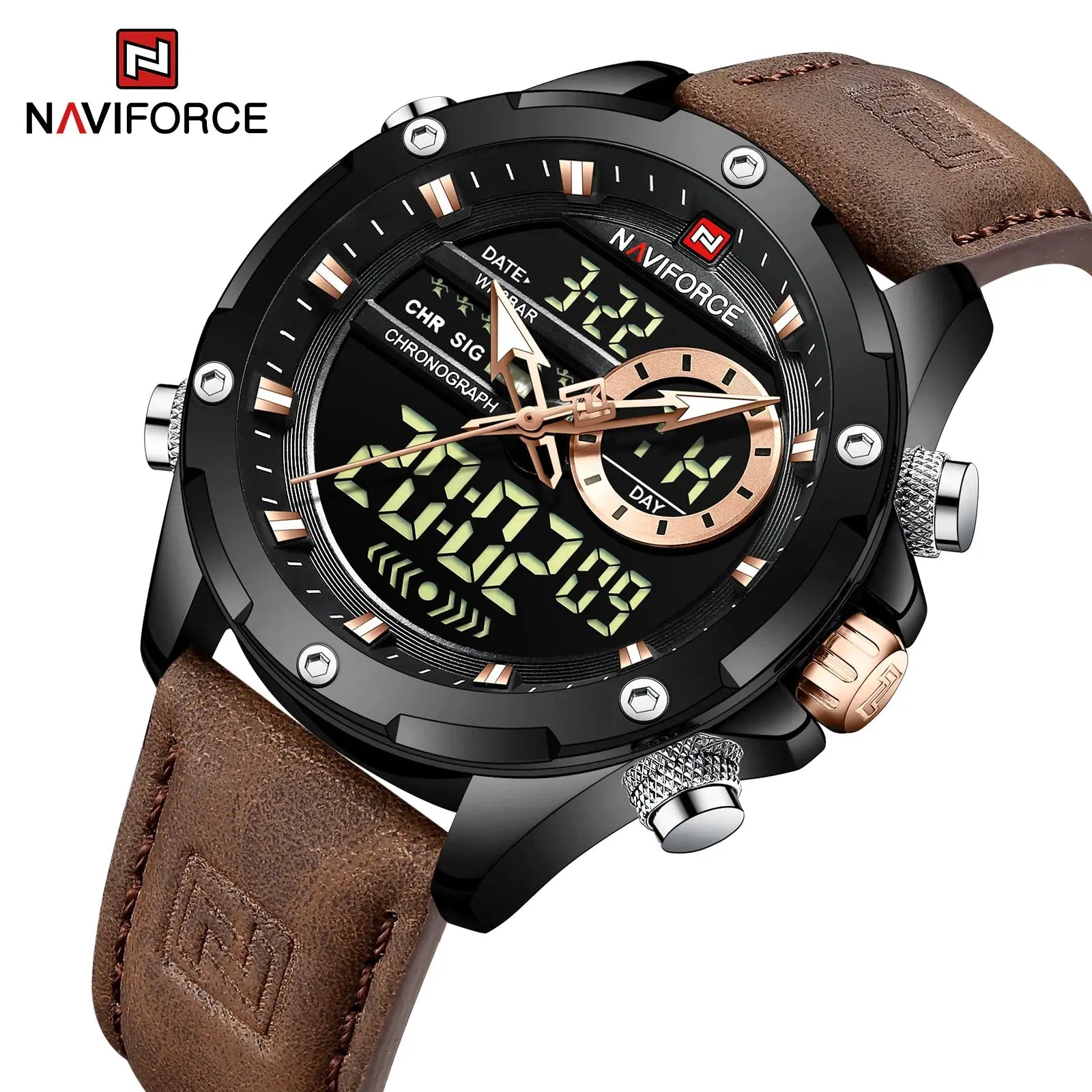 NAVIFORCE men's luxury sport chronograph watch with black dial, rose-gold accents and brown leather strap