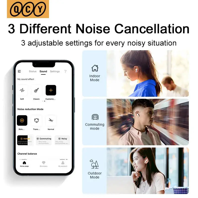 QCY HT05 ANC wireless earphones by Simples Market with 40dB noise cancelling and Bluetooth 5.2, showing 3 noise-cancellation modes