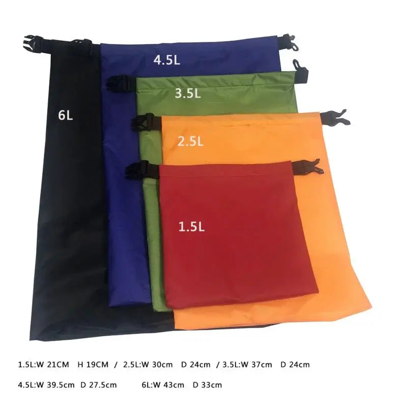 waterproof dry bag set showcasing five different sizes in vibrant colors for outdoor activities and travel.