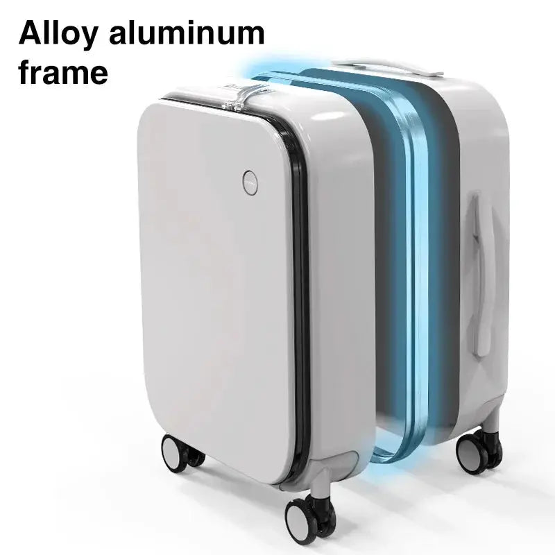 Mixi aluminum-frame carry-on suitcase in light gray with blue accent and four spinner wheels.