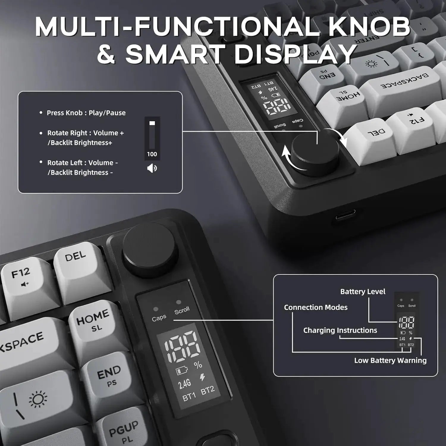 ATTACK SHARK M75 wireless membrane gaming keyboard with knob and OLED display; rainbow gradient PBT keycaps