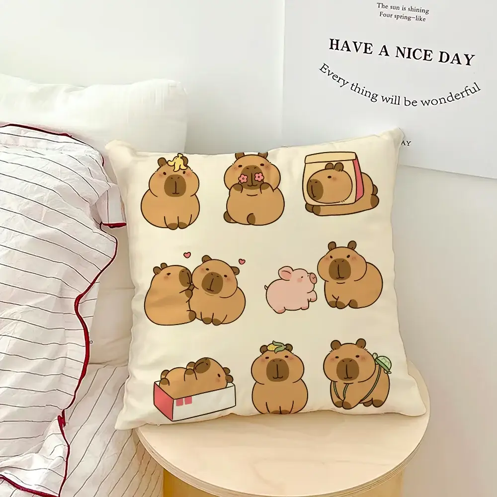 Capybara cartoon pillow case; beige square cushion with multiple cute capybaras illustrations for sofa or bedroom