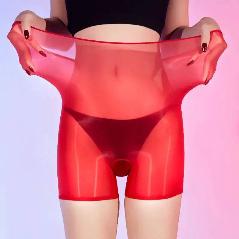 Women's see-through red high-waist boxer shorts, glossy and seamless.