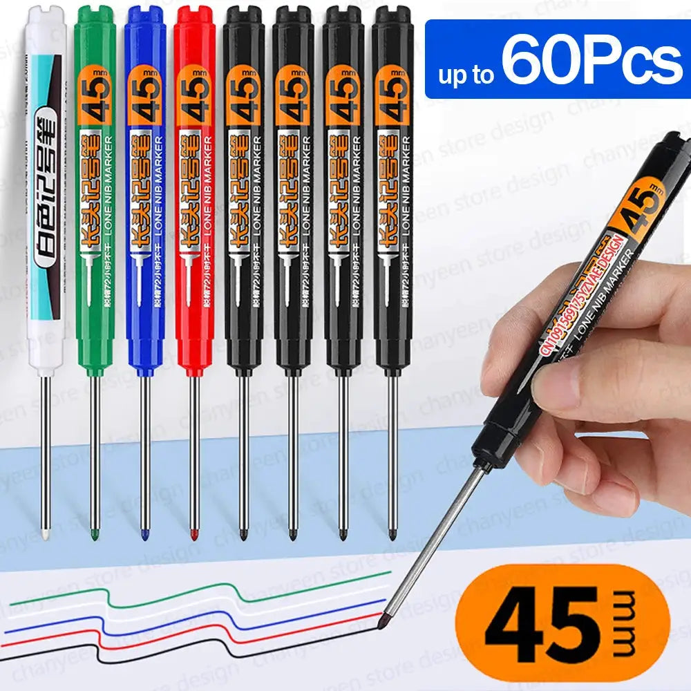Simples Market 60-piece carpenter marking pens set, 45mm nibs, deep-hole markers in black/blue/red/white