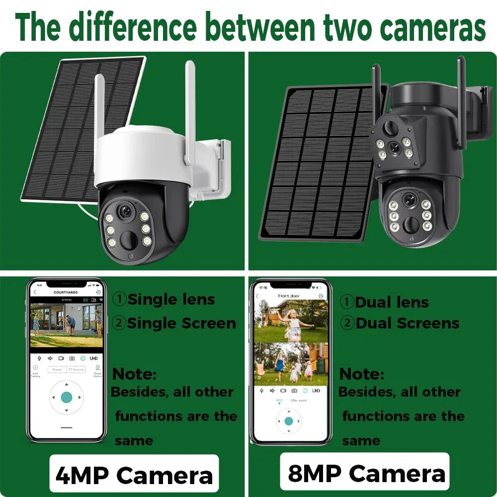 Two outdoor solar WiFi security cameras: white 4MP single-lens and black 8MP dual-lens, shown with mobile app screens.