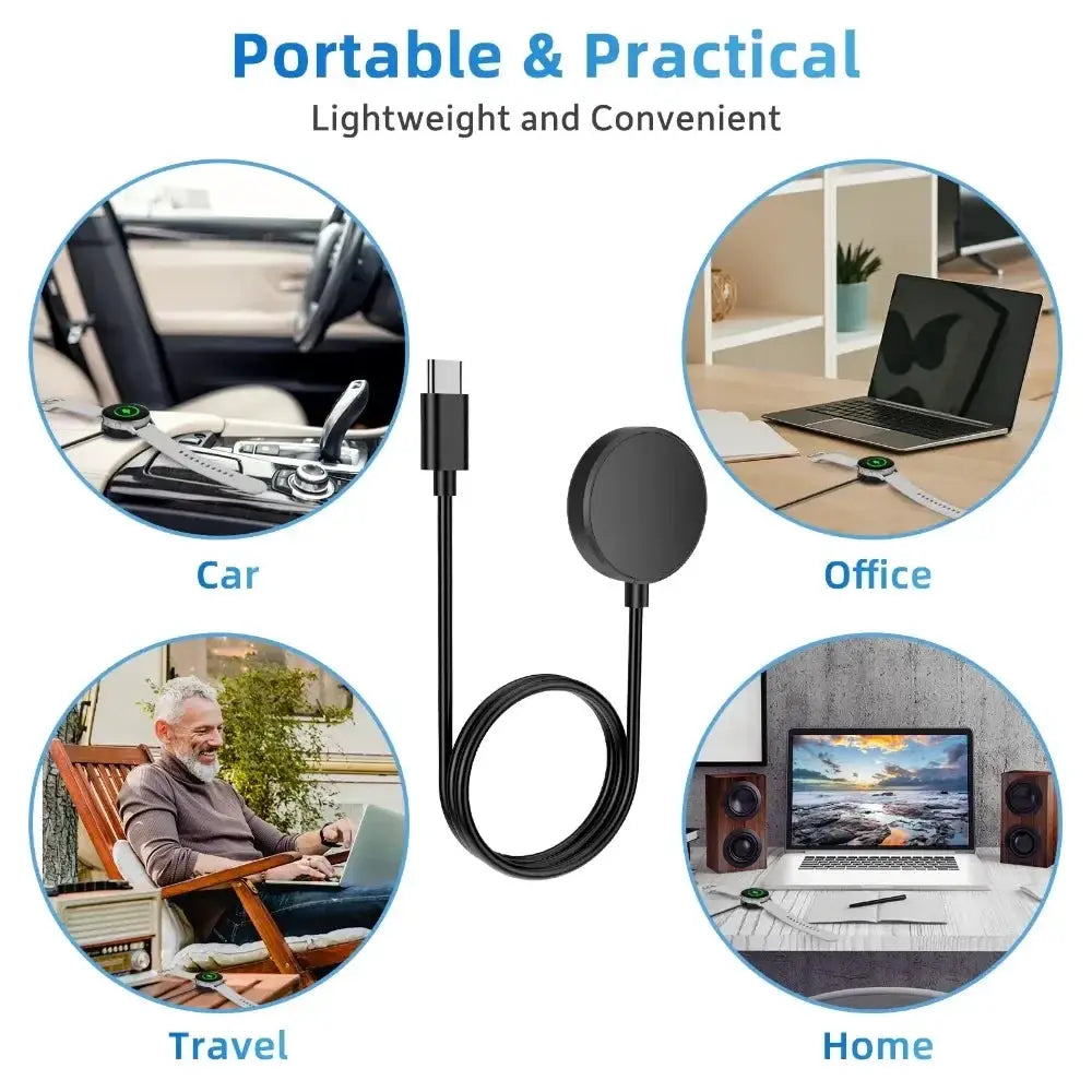 Simples Market USB-C smartwatch charger for Samsung Galaxy Watch, wireless charger shown for car, office, travel, home