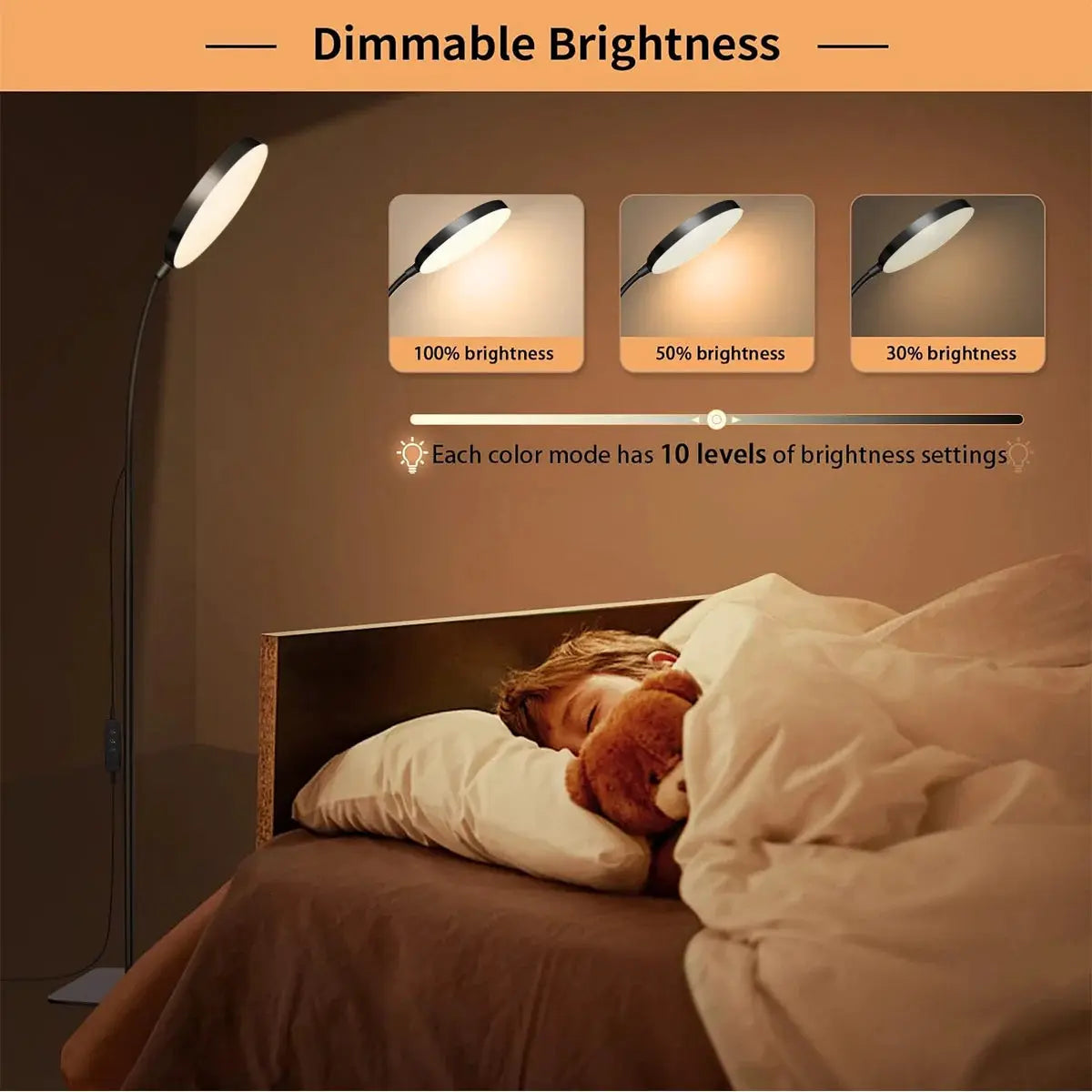 Simples Market LED floor lamp with flexible gooseneck beside bed, dimmable warm light with 3 brightness levels.