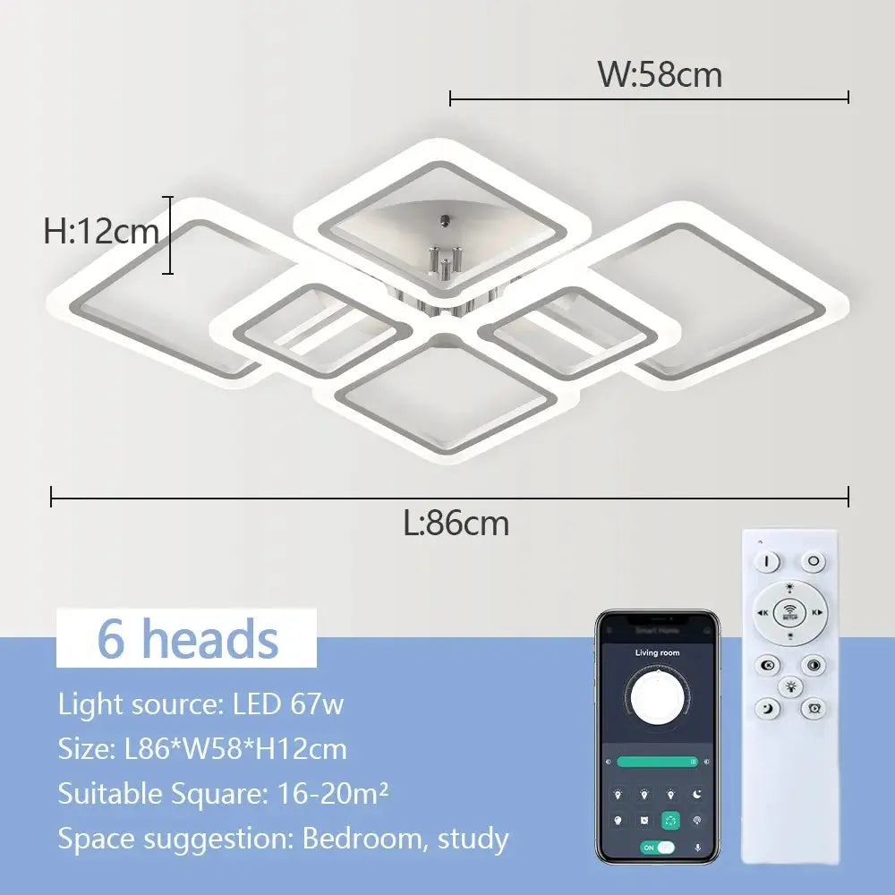 Nordic square LED pendant light by Simples Market; 6-head ceiling chandelier with white square frames