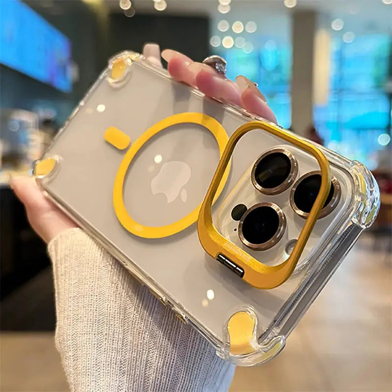 Simples Market luxury MagSafe iPhone case, clear with yellow camera ring and lens protection