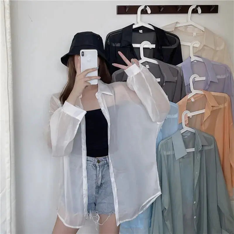 Xpqbb women's white chiffon shirt, sheer long sleeves, loose single-breasted blouse by Simples Market