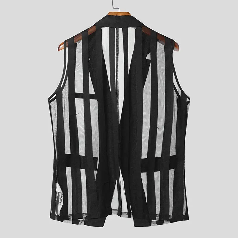 Men's mesh striped sleeveless vest with sheer black panels and vertical stripes, back view on hanger