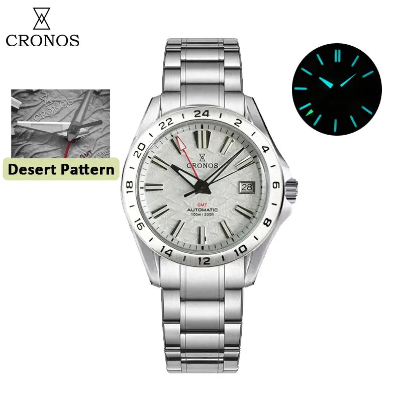 Cronos GS mechanical men’s watch, 39mm birch-pattern dial, GMT, sapphire glass, brushed stainless bracelet