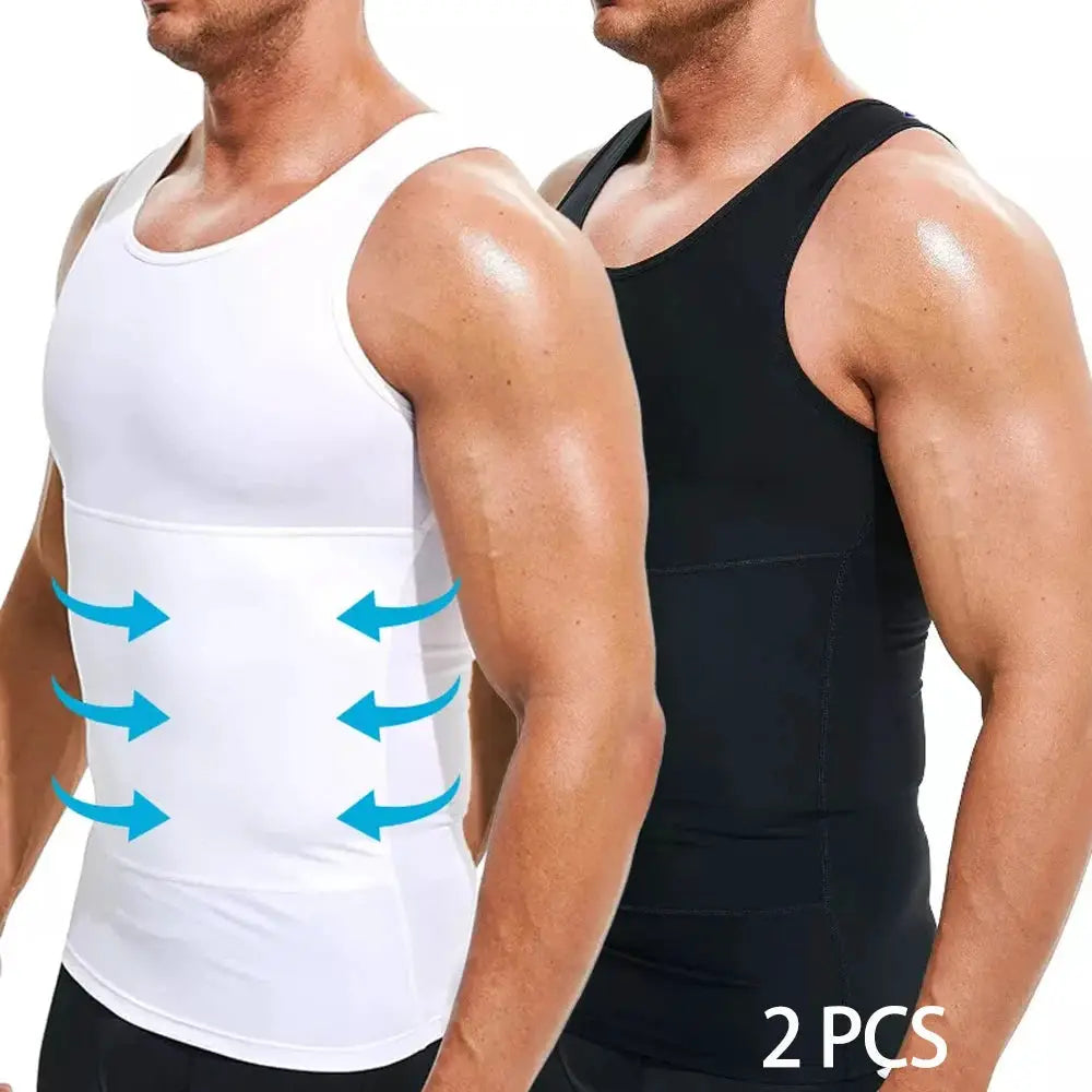 2-pack men's high-compression tummy-control body shaper tops in white and black, round-neck