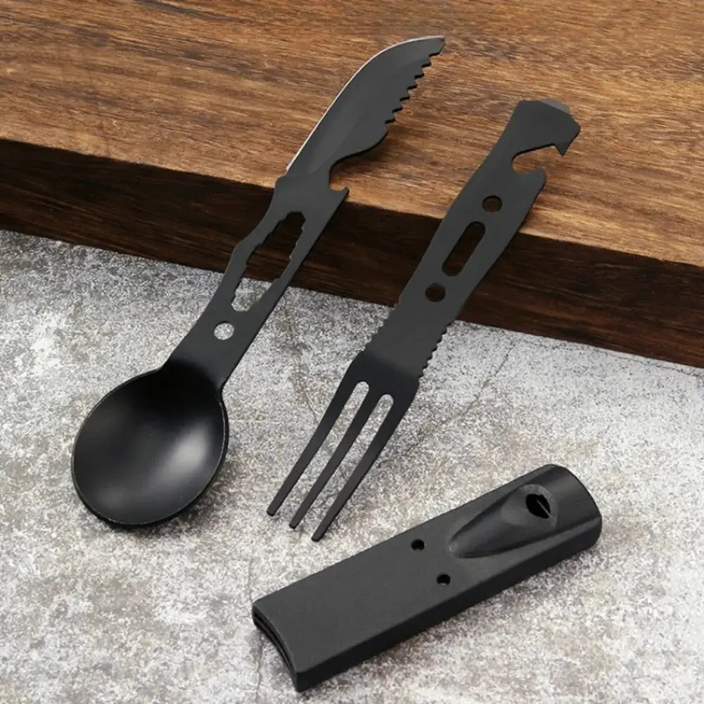 Three-piece portable black stainless steel camping utensil set with spoon, fork, knife and sheath