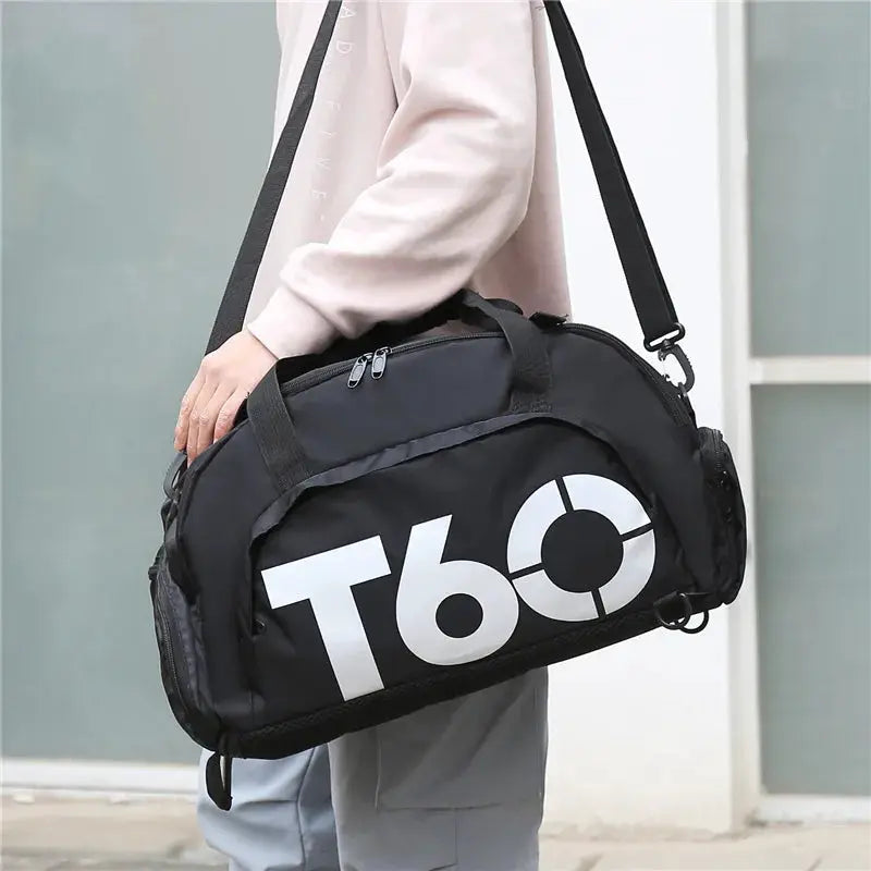 Gym bag black waterproof fitness bag with T60 logo, portable large travel bag