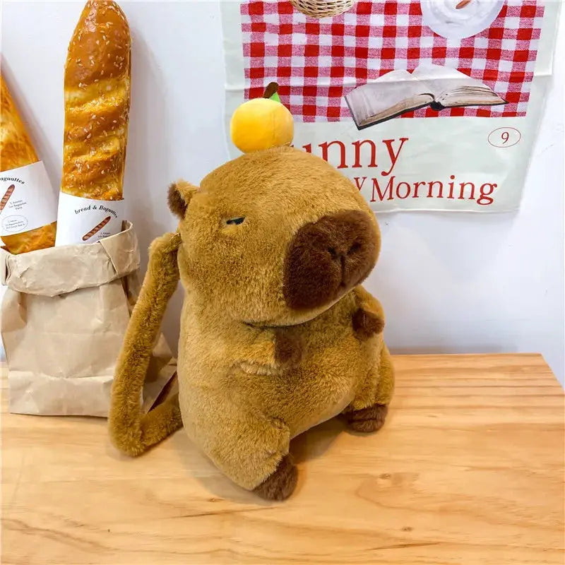 Simples Market cute soft plush capybara backpack, tan-brown with dark snout, crossbody bag