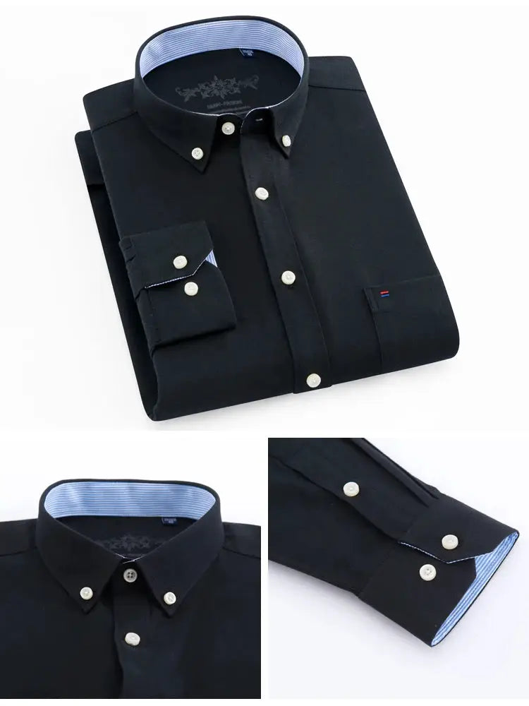 Men's black Oxford shirt with long sleeves, blue striped collar lining, white buttons, and a single patch chest pocket