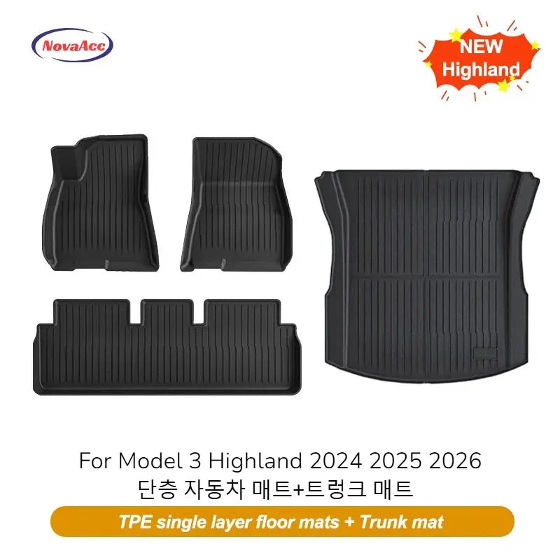 Tesla Model 3 Highland floor mats set with trunk mat by NovaAcc, 4-piece black TPE all-weather.